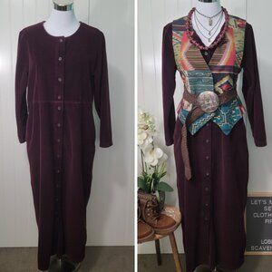 Vintage L.L. Bean Corduroy Maxi Shirt Dress 12 Plum/burgundy Prairie Cottagecore